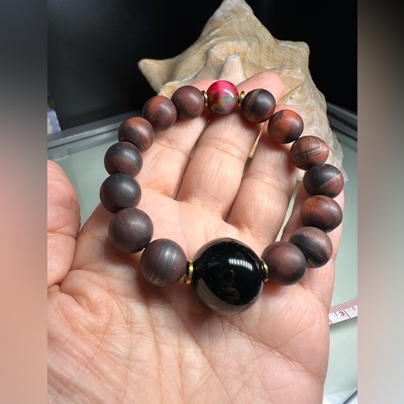 MATTE RED TIGERS EYE + ONYX NATURAL STONES BRACELET size 7” - Picture 7 of 11